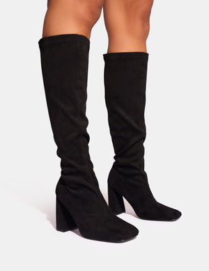 Audrina Black Suede Block Heel Knee High Sock Boots Public Desire