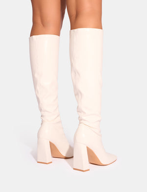 Audrina White Pu Block Heel Knee High Sock Boots