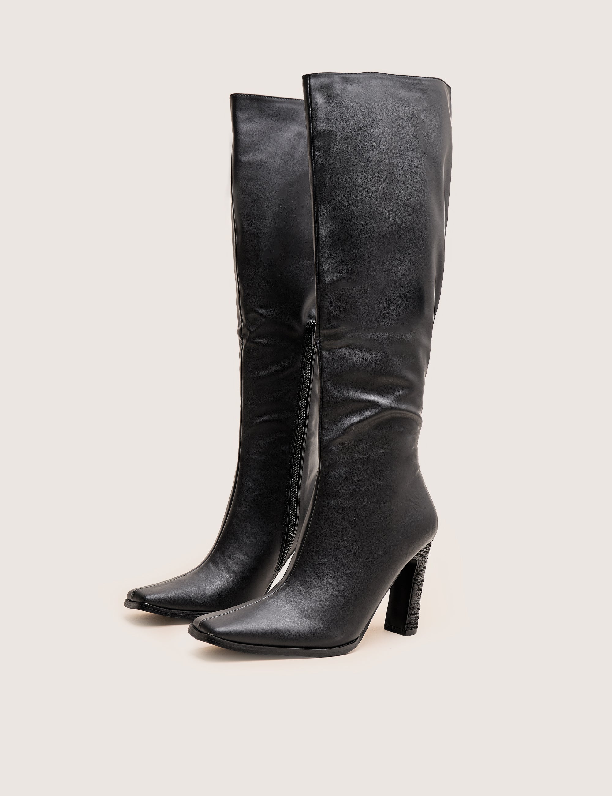 Acquilla Black Knee High Flared Heel Boots | Public Desire