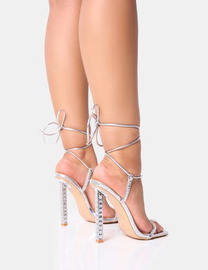 Babe Silver Mirror Pu Lace Up Strappy Square Toe Barley There Thin Block High Heels