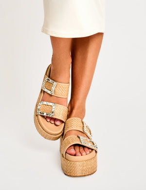 Bettie Natural Rattan Diamante Buckle Detail Flatform Slider Sandals