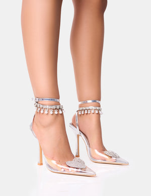 Blessing Silver Clear Perspex Heart Ankle Court Stiletto Heels
