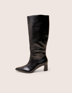 Boomer Black Crinkle Pu  Pointed Toe Knee High Mid Heel Boots