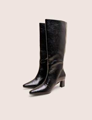 Boomer Black Crinkle Pu  Pointed Toe Knee High Mid Heel Boots