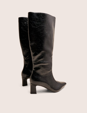 Boomer Black Crinkle Pu  Pointed Toe Knee High Mid Heel Boots