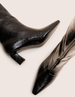 Boomer Black Crinkle Pu  Pointed Toe Knee High Mid Heel Boots