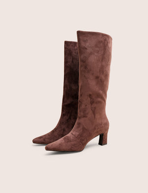 Boomer Brown Suedette Pointed Toe Knee High Mid Heel Boots