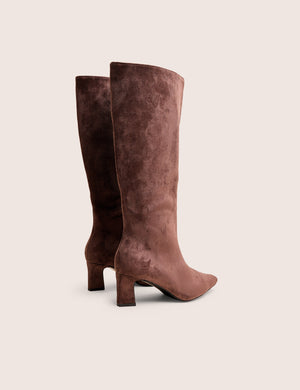 Boomer Brown Suedette Pointed Toe Knee High Mid Heel Boots