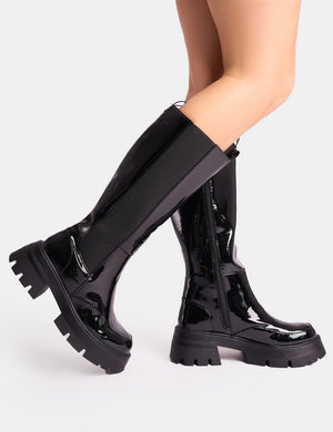 Bryant Black Patent Chunky Sole Elasticated Knee High Boots