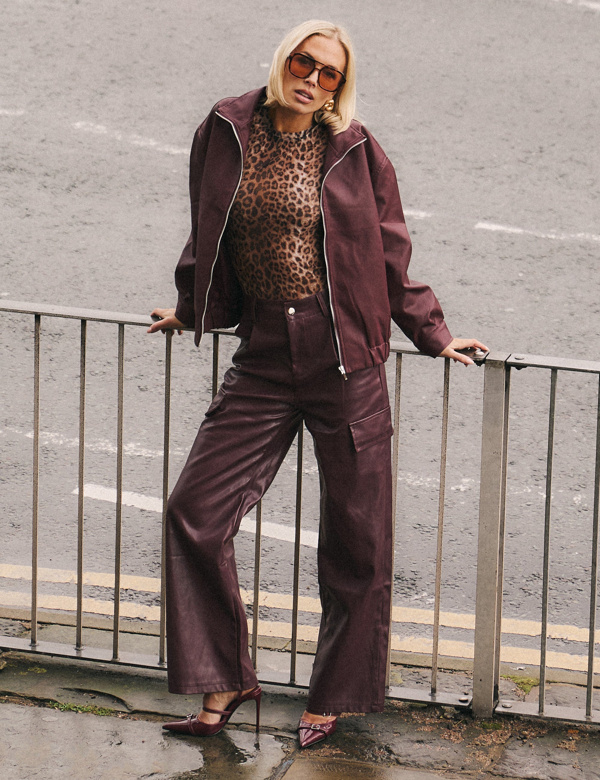 Burgundy pu fashion trousers