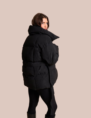 Tie Detail Short Padded Duvet Puffer Coat Black