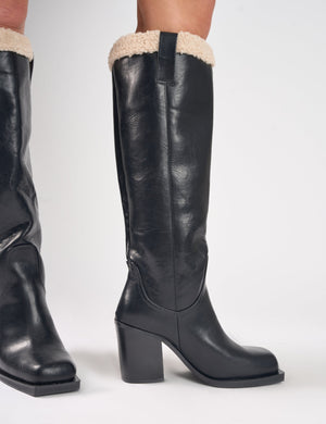 Colden Vintage Black Fur Trim Block Heel Knee High Boots