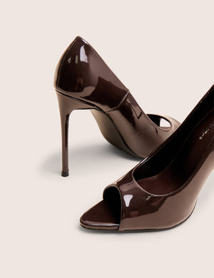Complicated Brown Patent Peep Toe Court Shoes