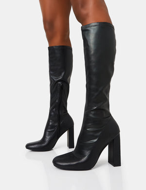 Christina Black Pu Pointed Toe Block Heel Knee High Boots