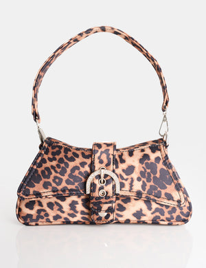 Sonja Leopard Satin Diamante Buckle Baguette Bag