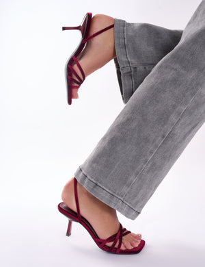 Lychee Burgundy Velvet Crossover Strap Lace Up Mid Heels