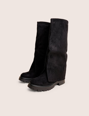 Dusty Black Chunky Sole Faux Suede Fold Over Boots