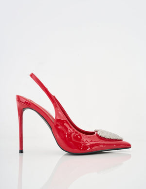 Elvis Red Patent Diamante Heart Brooch Slingback Pointed Toe Court High Heels