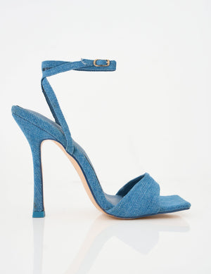 Emma Blue Denim Barely There Square Toe High Heels