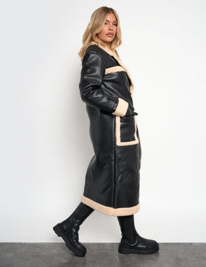 Borg Lined Faux Leather Maxi Aviator Coat Black