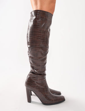 Acquilla Brown Croc Knee High Flared Heel Boots