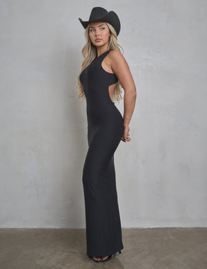 Cross Over Back Detail Luxe Slinky Maxi Dress Black