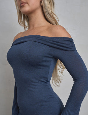 Long Sleeve Off The Shoulder Bardot Maxi Dress Navy