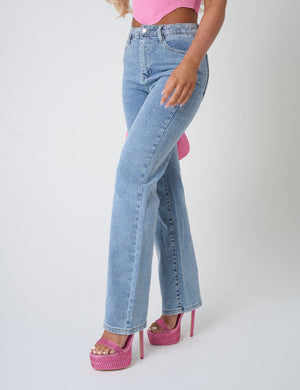 Straight Leg Stud Detail Denim Jeans Blue