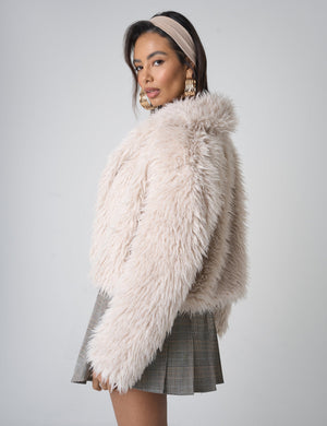 Cropped Shaggy Faux Fur Jacket Beige