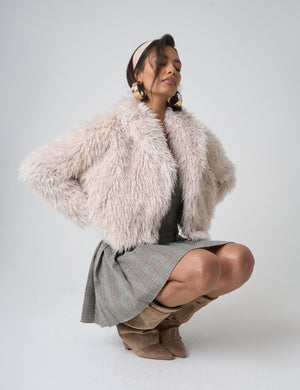 Cropped Shaggy Faux Fur Jacket Beige