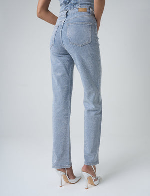 Diamante Straight Fit High Rise Denim Jeans Blue