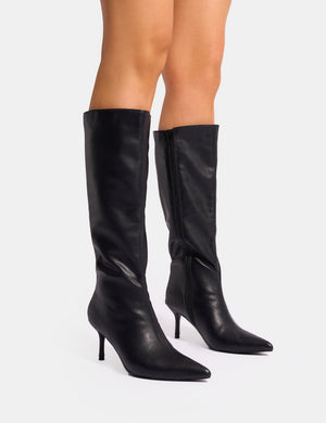 Amped Black Pointed Toe Mid Heel Knee High Boots | Public Desire