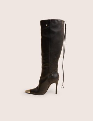 Finest Black Toe Cap Detail Pointed Knee High Boots