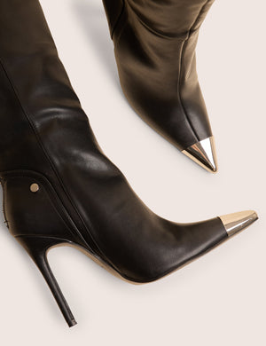 Finest Black Toe Cap Detail Pointed Knee High Boots