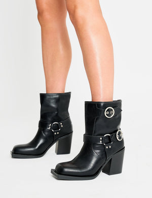 Freak Black Wide Fit Buckle Detail Square Toe Ankle Boots