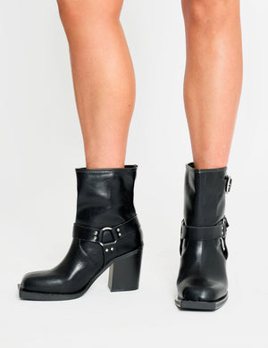 Freak Black Wide Fit Buckle Detail Square Toe Ankle Boots
