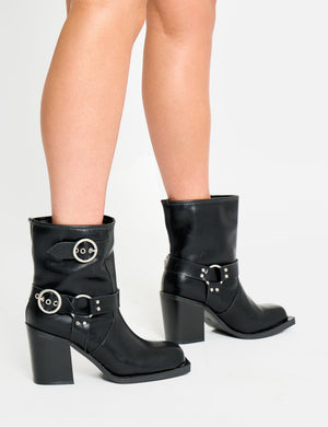 Freak Black Wide Fit Buckle Detail Square Toe Ankle Boots