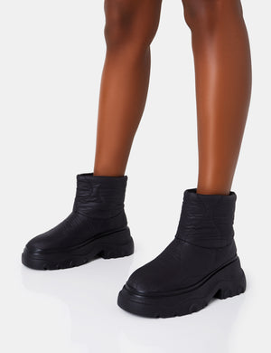 Frostbite Black Nylon Quilted Chunky Sole Ankle Boots