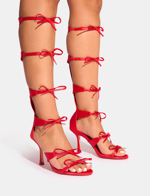 Gaya Red High Leg Bow Detail Mid Heels