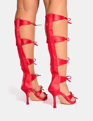 Gaya Red High Leg Bow Detail Mid Heels