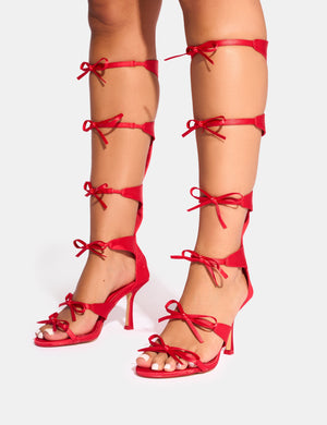 Gaya Red High Leg Bow Detail Mid Heels