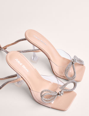 Glimmer Nude Wrap Around Diamante Bow Square Toe Heels