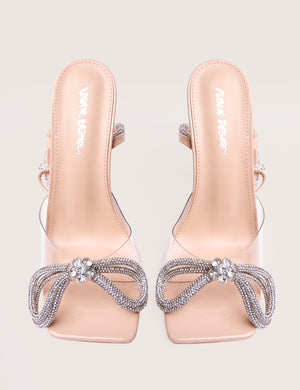 Glimmer Nude Wrap Around Diamante Bow Square Toe Heels