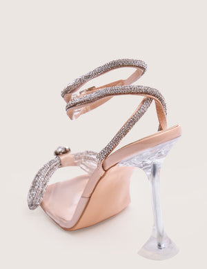 Glimmer Nude Wrap Around Diamante Bow Square Toe Heels