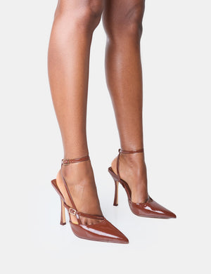 Idol Chocolate Patent Buckle Strappy Detail Stiletto Court High Heels