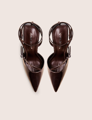 Idol Dark Chocolate Patent Buckle Strappy Detail Stiletto Court High Heels