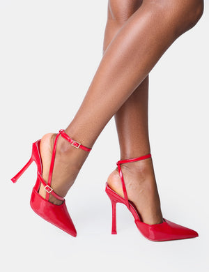 Idol Red Patent Buckle Strappy Detail Stiletto Pointed Toe Court High Heels