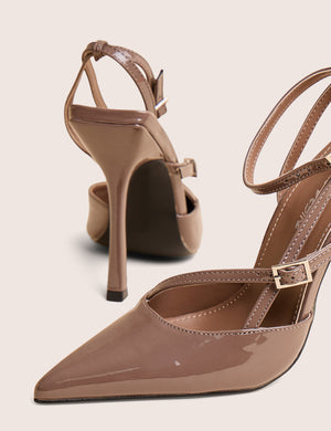 Idol Taupe Patent Buckle Strappy Detail Stiletto Court High Heels