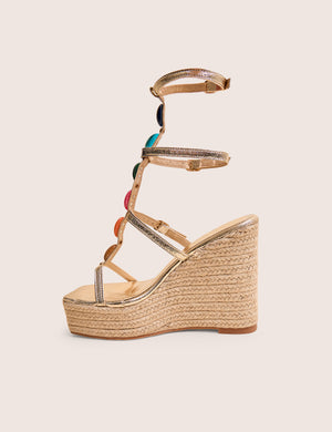 Iliana Cracked Gold Pu Beaded Trim Strappy Jute Wedges