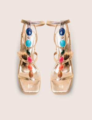Iliana Cracked Gold Pu Beaded Trim Strappy Jute Wedges